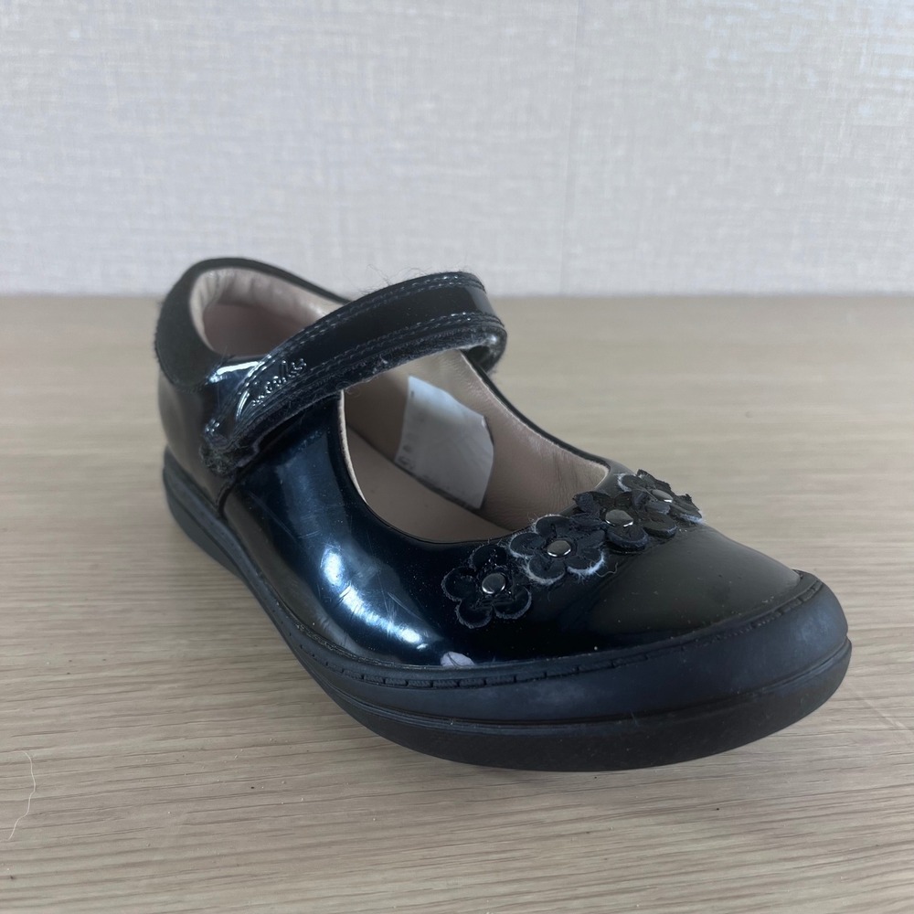 Clarks Kids Black Patent Leather Flower Mary Jane Shoes Size 12 G 30 W 12.5 W